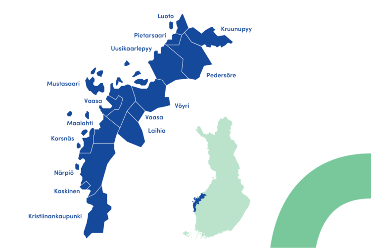 Pohjanmaan alueen kartta, jossa on merkittynä kaikki hyvinvointialueeseen liittyvät kunnat