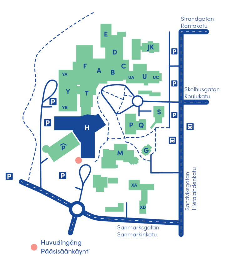 Kuvassa on kartta Hietalahden sairaala-alueesta. Muut rakennukset ovat vihreitä, H-talo on sininen. Pääsisäänkäynti on merkitty punaisella pallolla.