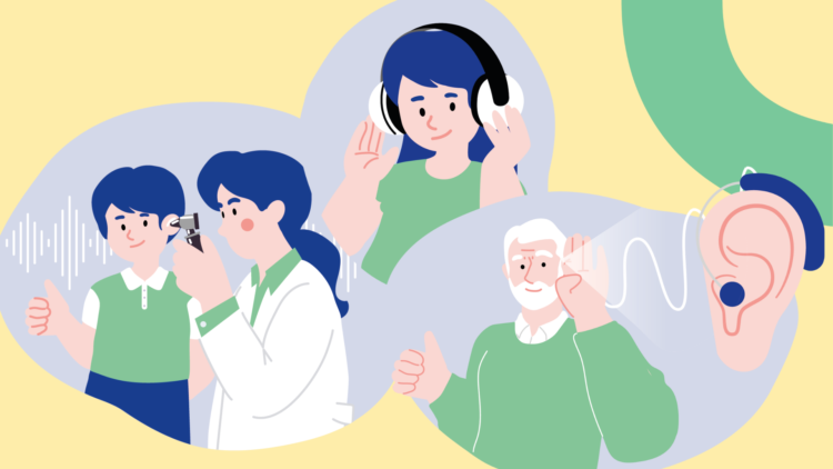 Till vänster på bilden undersöker en läkare en patients hörsel. Patienten är ett barn som har en grön tröja. I mitten på bilden finns en ung tjej som har en grön t-tröja. Hon har vita hörelseskydd. Till höger på bilden finns en äldre man som har vitt skägg och en grön tröja. Han håller handen bakom sitt öra, som har en hörapparat.