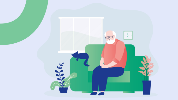 Graafinen kuva, jossa vanha mies istuu yksin surullisen näköisenä sohvalla.